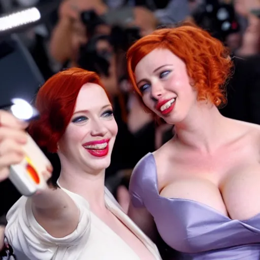 Prompt: christina hendricks taking selfie with scarlet johansson,