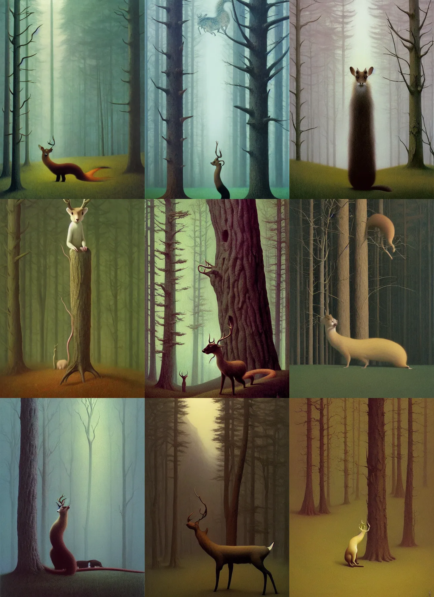 Prompt: an elegant deer horned ferret stands tall and majestic in the soft fog of the infinitely branching trees, Edward Hopper and James Gilleard, Zdzislaw Beksinski, Mark Ryden, Wolfgang Lettl highly detailed, hints of Yayoi Kasuma