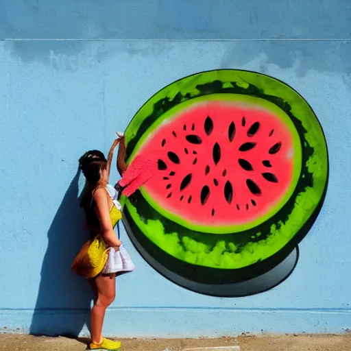 Image similar to noa kirel eats a watermelon, graffiti, photograph, made by banksy, yellow and brown colors, spray brush, midday, sunny, professional