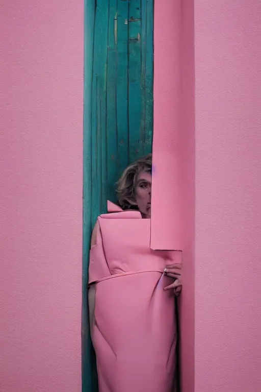 Image similar to a surreal portrait of a woman stuck in a pink wall in the style of brooke didonato, editorial fashion photography from vogue magazine, full shot, nikon d 8 1 0, ƒ / 2. 5, focal length : 8 5. 0 mm, exposure time : 1 / 8 0 0, iso : 2 0 0