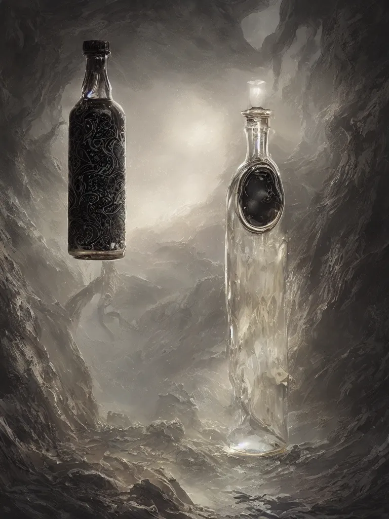 Prompt: a transparent bottle with a black sticker tmic and filled with ivory white liquid. fantasy, intricate, elegant, highly detailed, digital painting, artstation, concept art, matte, illustration, artger, greg rutkowski, epic fantasy