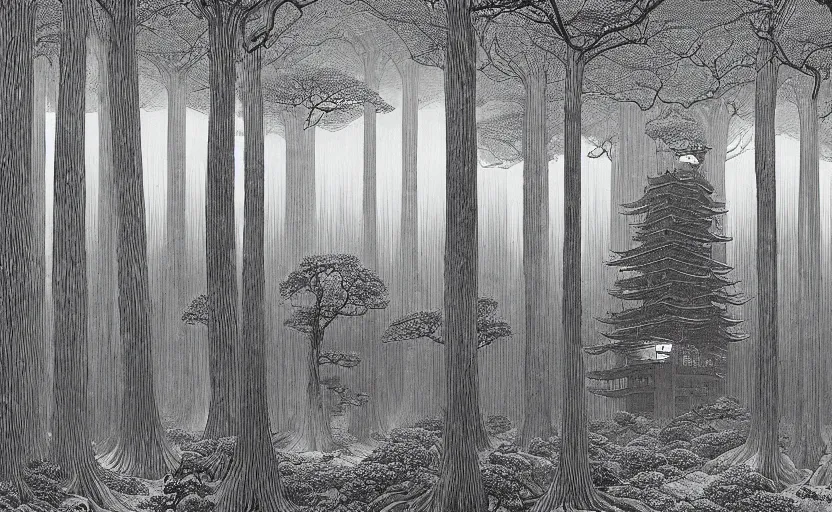 Image similar to giant forest with single shady cabin, made by Kawase Hasui in unkiyo-e style in dark and disturbing atmosphere with vibes of Joe Fenton, H. R. Giger, M. C. Escher, Z. Beksinski