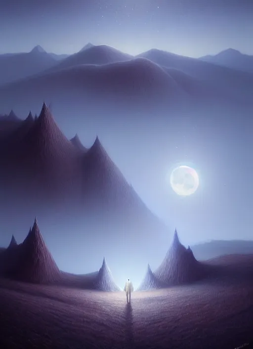 Image similar to midnight by moonlight in the low - polygon hills, the distant hills are polygons, diffuse lighting, intricate, surrealism!!!!, highly detailed, lifelike, photorealistic, digital painting, artstation, surrealist, concept art, smooth, sharp focus, by greg rutkowski, chris tulloch mccabe, valentina remenar and asher duran,