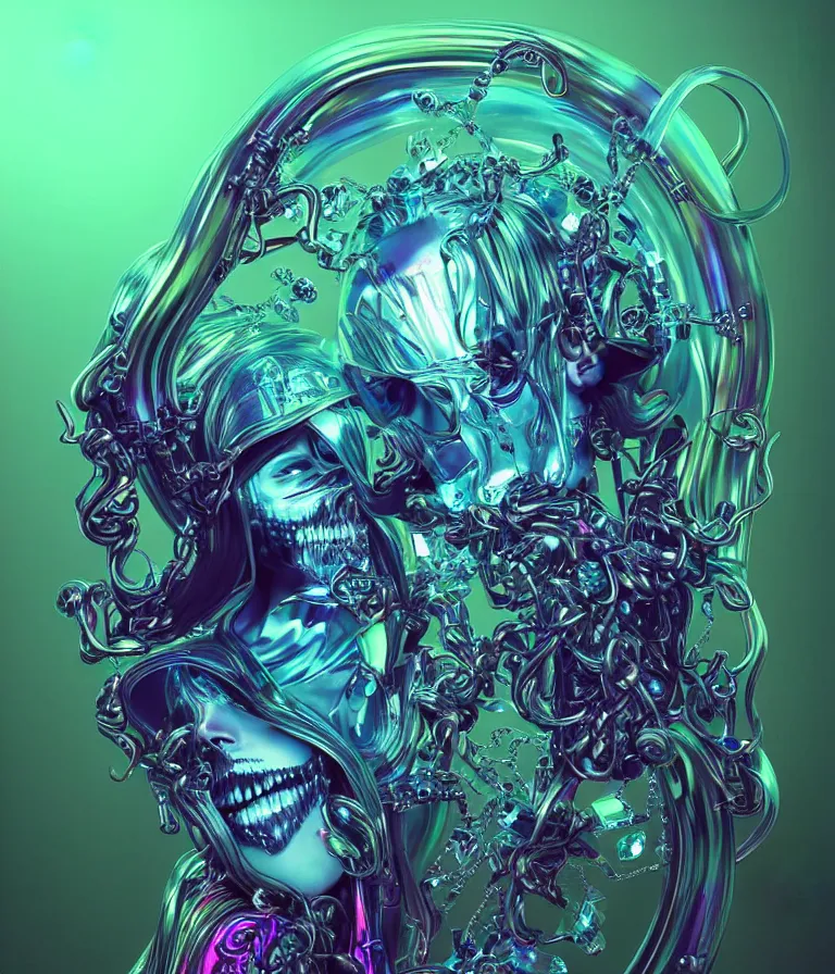 Image similar to fully symmetrical centered iridescent portrait of a beautiful princess demon in robe. skulls artificial muscles, ribcage, bones, hard surface modelling. cyberpunk look. biomechanical mask. bio luminescent biomechanical halo around head. neon jellyfish. artwork by jarold Sng by artgerm, by Eddie Mendoza, by Peter mohrbacher by tooth wu, unreal engine, octane render, cinematic light, high details, iridescent colors, dichroic, macro, depth of field, blur