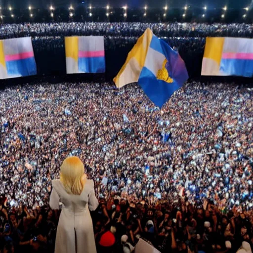 Image similar to Lady Gaga as president, Argentina presidential rally, Argentine flags behind, bokeh, giving a speech, detailed face, Argentina