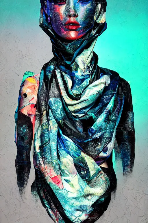 Prompt: photorealism oil painting, portrait of cyborg fashion model with artblock skin, black scarf, ocean glitch background mixed with generative art from artblock, in style of classicism mixed with 8 0 s japanese sci - fi books art