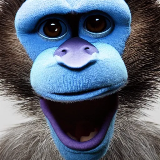 Prompt: A photo of a monkey as a blue muppet, highly detailed