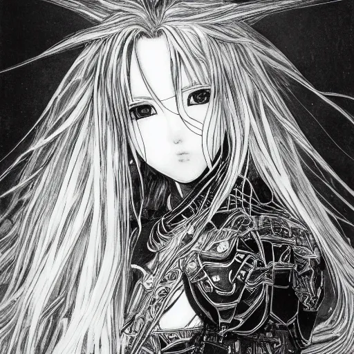 Image similar to Yoshitaka Amano realistic illustration of yuuki asuna ,hair fluttering in the wind, cracks on her face wearing Elden ring armour with engraving, abstract black and white patterns on the background, noisy film grain effect, highly detailed, Renaissance oil painting, weird portrait angle, blurred lost edges, three quarter view