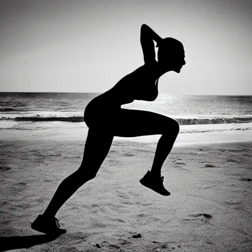 Image similar to “silhouette of fitness blogger doing exercise on the beach photorealistic ”