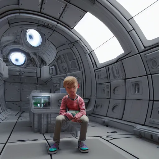 Image similar to boy looking at some plants inside a spaceship, 3 d render, unreal engine, cinematic, octane, scifi, 8 k