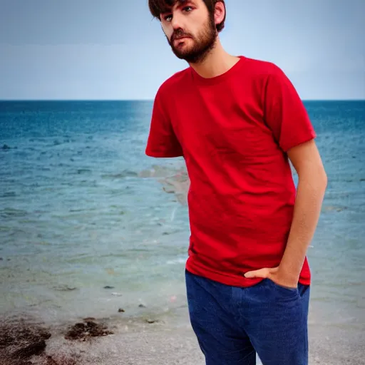 Image similar to guy with short dark hair on his side, dressed in a red t - shirt, standing still against the background of the sea digital art, 8 k, character, realism, portrait