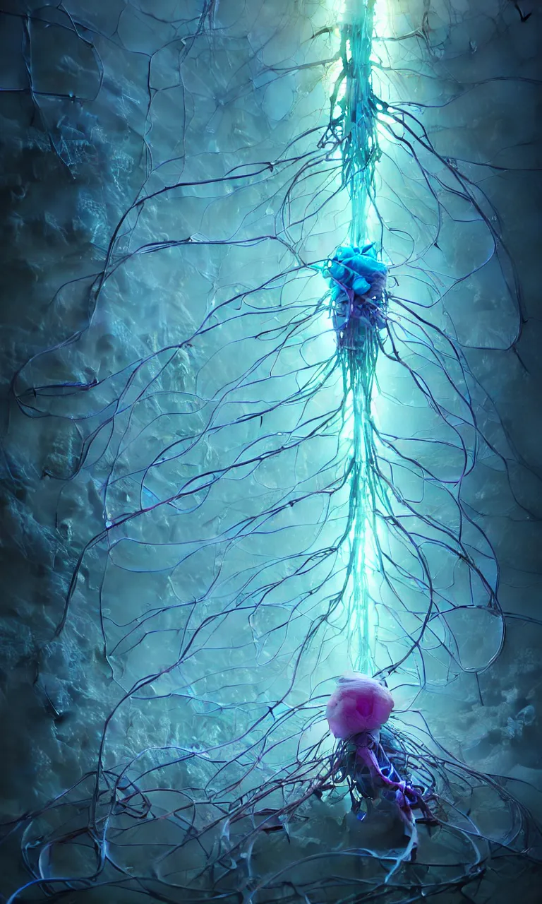 Prompt: internal lymphocyte virion rawandrendered synaptic fractality transmission embryonic umbilical child figure glial neurons cyberpunk nerve cells microscopic hyphae by wojtekfus facey rossdraws. neuronal iridescent megacity neuron synapse by beksinski. # imaginativerealism