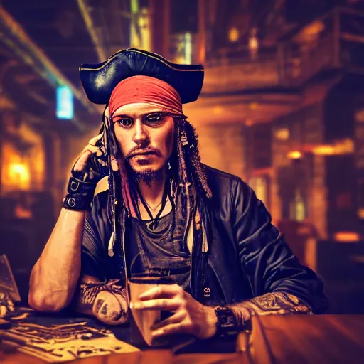 Image similar to high quality portrait of a pirate with four arms in a cyberpunk cyberpunk cyberpunk cafe, realism, 8k, award winning photo