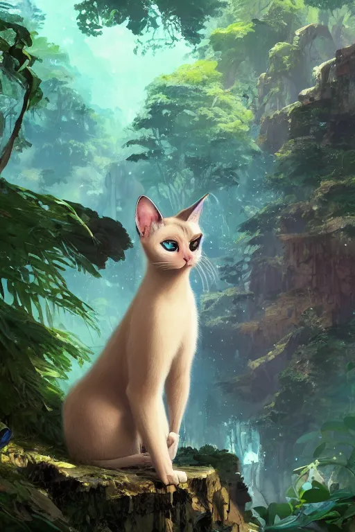 Prompt: highly detailed painting of a siamese cat with bright blue eyes, cinematic lighting, dramatic atmosphere, by Dustin Nguyen, Akihiko Yoshida, Greg Tocchini, Greg Rutkowski, Cliff Chiang, 4k resolution, luminous verdant jungle background