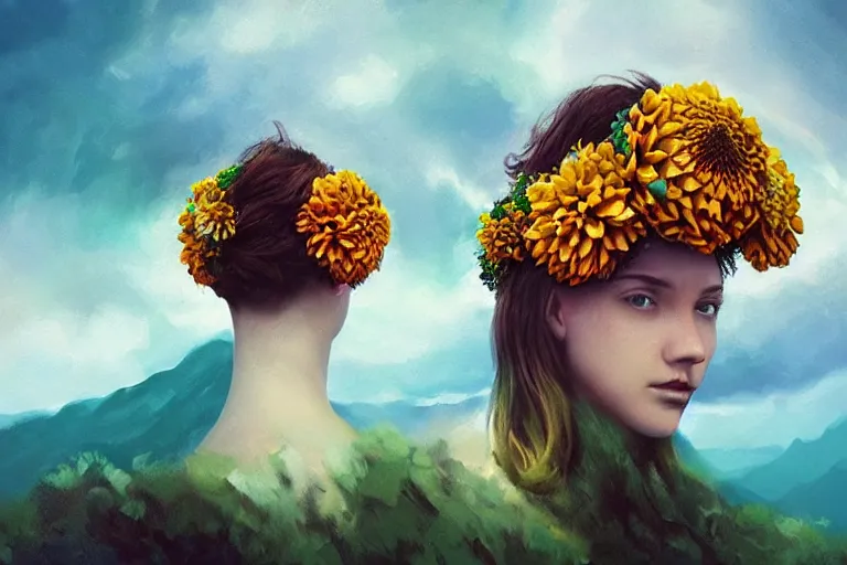 Image similar to giant dahlia flower crown under head, portrait girl on mountain, surreal photography, blue storm clouds, dramatic light, impressionist painting, digital painting, artstation, simon stalenhag