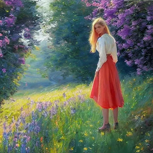 Prompt: blonde woman, dress, swedish countryside, archipelago, morning, masterpiece, highly detailed, beautiful, atmospheric, impressionism, painting by Vladimir Volegov