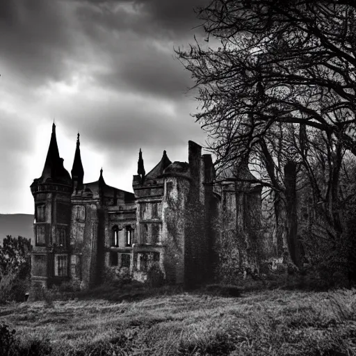 Image similar to Eerie Gothic castle on a hill above above a foreboding boggy landscape