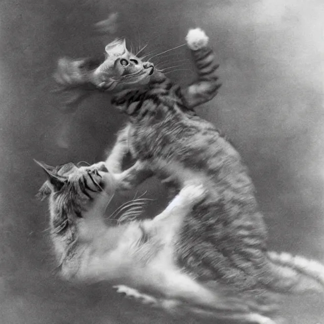 Image similar to silver gelatin photograph of a cat attacking a dragon, london 1 9 1 2