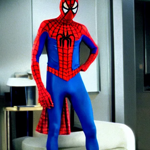 Image similar to Zendaya wearing Spiderman costume in American Psycho (1999)