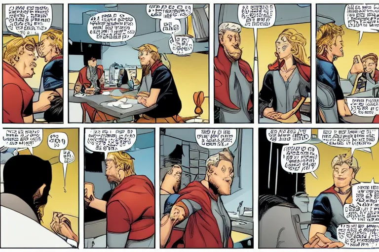 Prompt: Odin and Zeus having a meeting in McDonadls, both of them sitting while waiting and Loki in the background working in the kitchen, as a panel of a Marvel comic