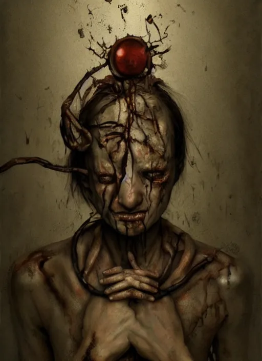 Image similar to hyper realistic, insanity of the mind, schizophrenia, the human condition, inspired by silent hill, painted by keith thompson, caravaggio, masterpiece, artstation