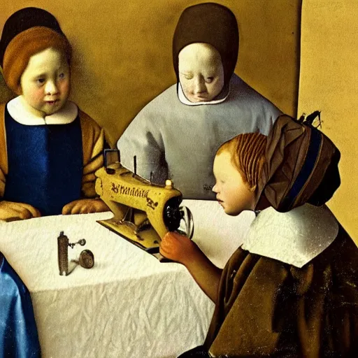 Prompt: five little girls sitting at a sewing machine, oil paint, muted olive background, highly detailed, close up face, in jan vermeer style