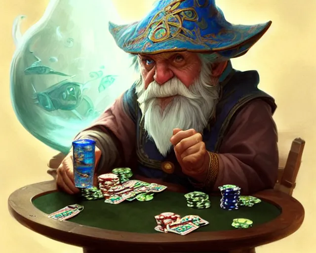 Prompt: little old gnome, playing poker, deep focus, d & d, fantasy, intricate, elegant, highly detailed, digital painting, artstation, concept art, matte, sharp focus, illustration, hearthstone, art by artgerm and greg rutkowski and alphonse mucha