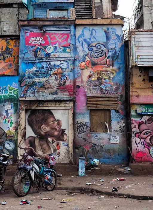 Image similar to potrait of slum neighbourhood, potholes road, some detailed peoples, some detailed rats, some detailed graffiti, some clear mural, foggy, trash scattered, intricate, hyperdetailed, photorealistic, diffuse lighting, hdrp, pinterest, octane, smooth, textless, sharp focus, photo by anna forsterling, saul bromberger, yulia nevskaya