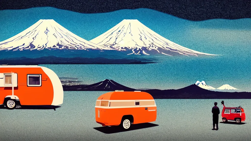 Prompt: a scene of two travellers and their camper touring overlook at the edge of yamanaka lake, reflecting mount fuji and a dramatic sky, japan, a collage painting, in the style of wes anderson, lola dupre, david hockney, isolated on negative white space background dark monochrome neon spraypaint accents volumetric octane render