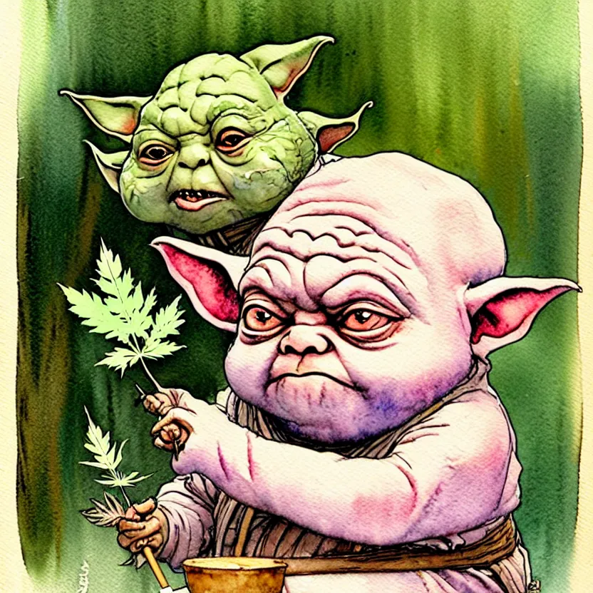 Image similar to a realistic and atmospheric watercolour fantasy character concept art portrait of a fat chibi yoda with pink eyes smiling and holding a blunt with a pot leaf nearby, by rebecca guay, michael kaluta, charles vess and jean moebius giraud