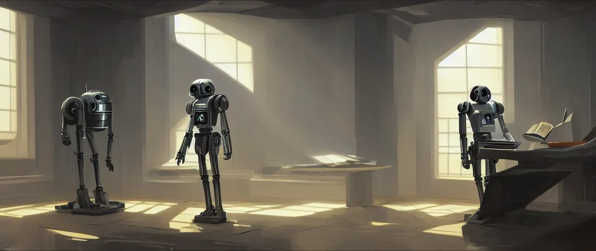 Image similar to digital painting of a droid robot reading a book, concept art, by Ralph mcquarrie, sunlight pouring through window, large scale, high detail, futuristic, godrays, volumetric lighting, warm lighting