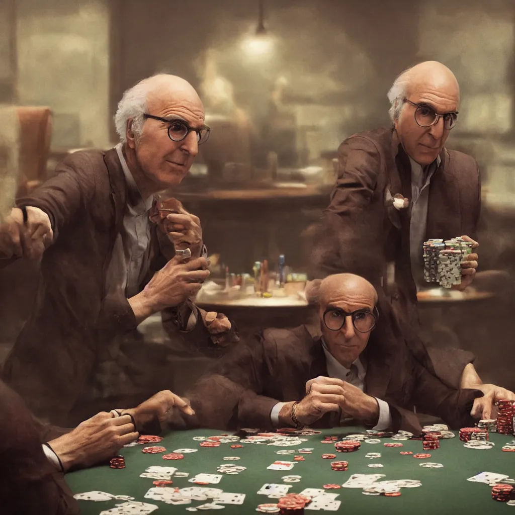 Image similar to portrait of larry david playing poker. intricate artwork, wlop, beeple. octane render, trending on artstation, greg rutkowski very coherent symmetrical artwork. cinematic, hyper realism, high detail, octane render, 8k