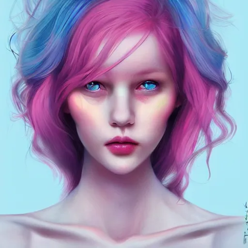 Image similar to beautiful magic angel with pink hair, full body, blue piercing eyes, thin features, beautiful aesthetic, by james jean, trending on artstation, digital art