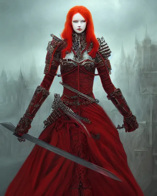Prompt: redhead queen knight in red armor, wielding giant sword, inside an epic gothic castle, rococo, large crown, face with scars, intimidating, ominous, high fantasy, intricate detail, digital painting, artstation, concept art, smooth, sharp focus, illustration, art by yoshitaka amano and monia merlo and wlop