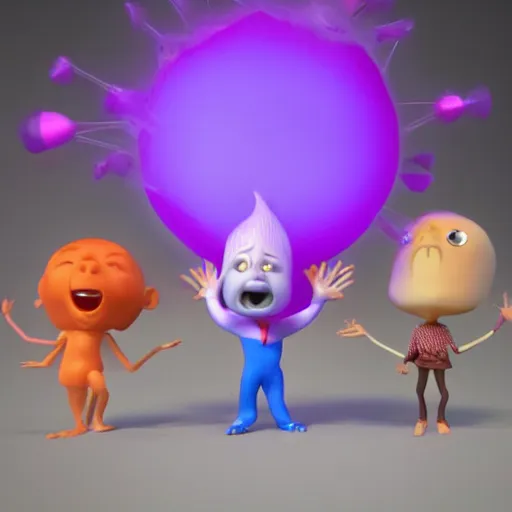 Prompt: single crazy melting plastic toy Pop Figure characterdesign product, C4d, by pixar, by dreamworks, screaming with drooling mouth open, in a Studio hollow, surrounded by flying particles