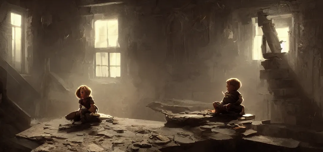 Image similar to a kid sitting in an old attic in front of a magic Image, dramatic lighting, cinematic, establishing shot, extremly high detail, photo realistic, cinematic lighting, post processed, concept art, artstation, matte painting, style by eddie mendoza, raphael lacoste, alex ross