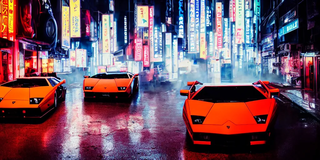 Image similar to photograph of two different coloured lamborghini countach parked in a rainy neo tokyo street at night with neon light signs illuminating the scene, sharp focus, highly detailed, ray tracing, cinematic, moody, hdr, 4 k, incredible detail