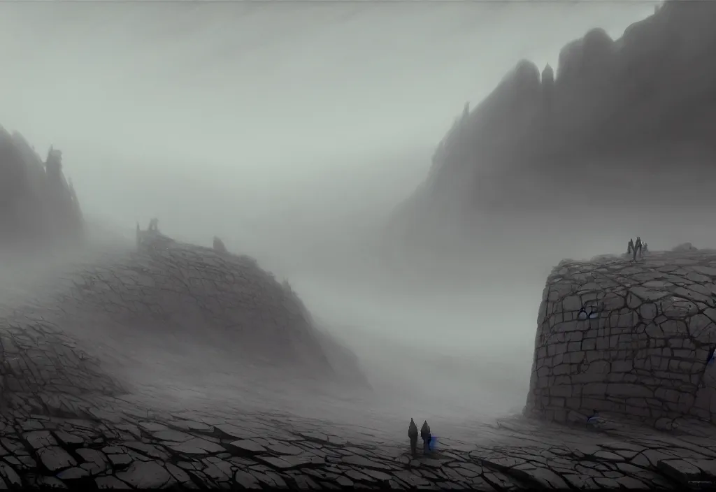 Image similar to The landscape of a gray wasteland with gray dry land, enclosed in incredibly gigantic enormous smoothed stone walls. The walls are so far apart that they disappear over the horizon. Art by Finnian MacManus, Simon Stalenhag, Arthur Rackham. Fog, masterpiece, fantasy art, cinematic, hyperdetailed, photorealistic, hyperrealism, octane rendering, 8k, aerial view