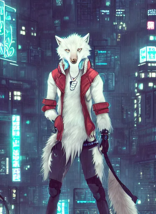 Image similar to character portrait of a male anthro albino wolf fursona with a tail and a cute beautiful attractive detailed furry face wearing stylish cyberpunk clothes in a cyberpunk city at night while it rains. hidari, color page, tankoban, 4K, tone mapping, Akihiko Yoshida.