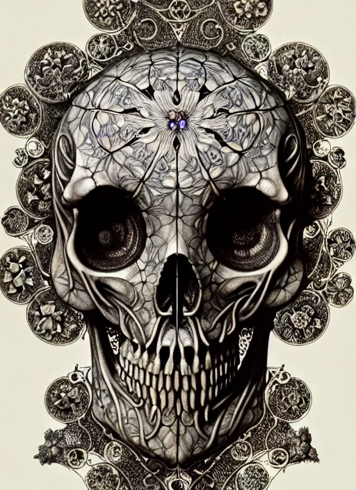 Image similar to art forms of nature by ernst haeckel, memento mori by arthur rackham, ornate antique porcelain beautiful skull mask, ultrasharp, photorealistic, hyperdetailed, octane render, polished, art nouveau, neo - gothic, gothic, intricate ornamental organic filigree, art nouveau botanicals, art forms of nature by ernst haeckel, horizontal symmetry, symbolist, visionary