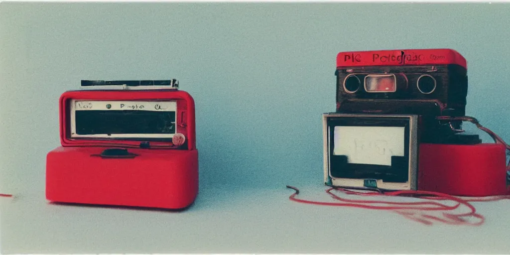 Prompt: analog vintage photography portrait polaroid of the inside of a transistor radio, red color bleed, heavy film grain, bloom, glow