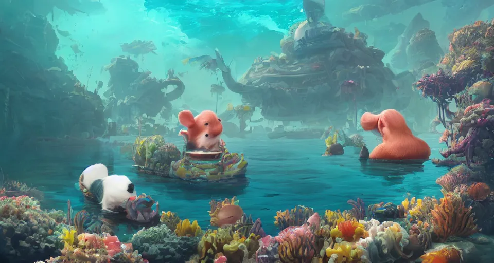 Prompt: hyper realistic cute guineapigs everywhere are swimming under vast sea, by simon stalenhag, yoko taro, christian macnevin, wlop and krenz cushart, epic fantasy character art, volumetric outdoor lighting, midday, high fantasy, cgsociety, cheerful colours, full length, exquisite detail, post - processing, masterpiece, cinematic, 4 k, 8 k