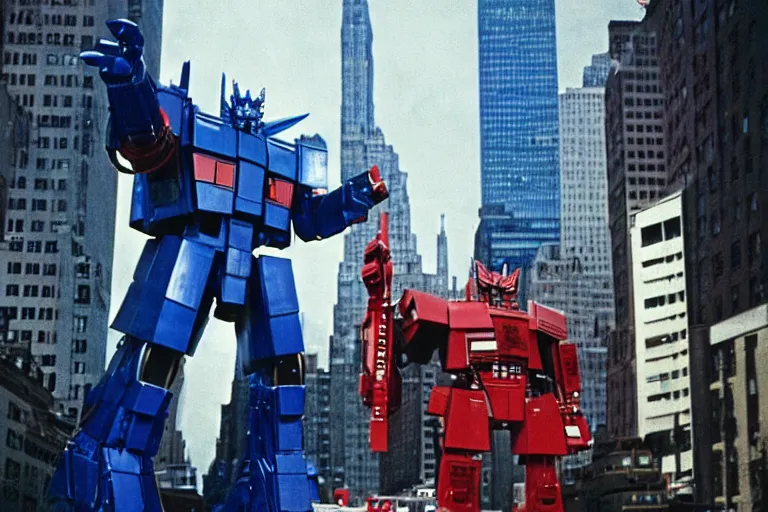 Prompt: optimus prime fighting godzilla in new york city, cinestill,