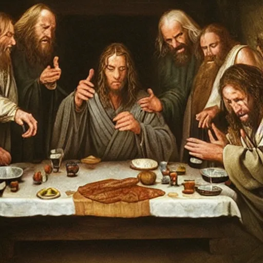 Prompt: the fellowship of the ring at the last supper