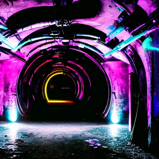 Image similar to entrance to underground rave club, secret, cyberpunk dance music, lights, ambiance