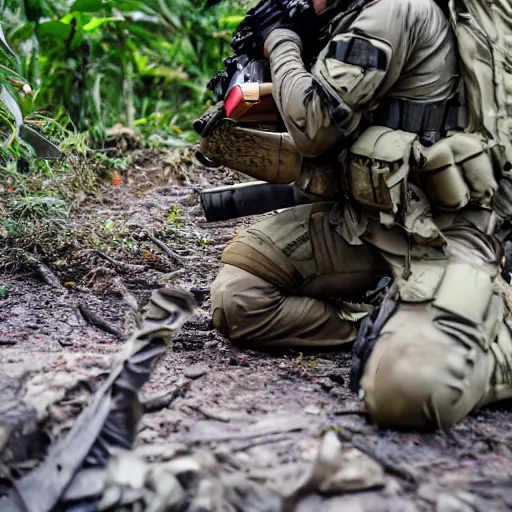 Image similar to close up CSAT Viper Special Forces fighting devastated burning exploding jungle combat photography 2022, Canon EOS R3, f/1.4, ISO 200, 1/160s, 8K, RAW, unedited, in-frame,