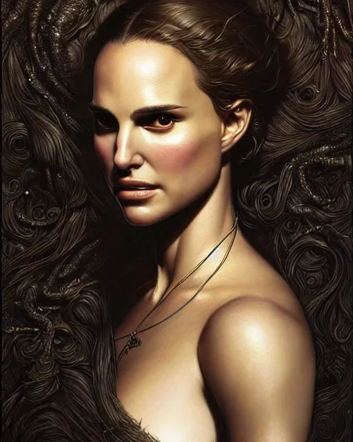 Image similar to a portrait of natalie portman fantasy character portrait, ultra realistic, cinematic, concept art, wide angle, intricate details, hologram, highly detailed by greg rutkowski, aaron horkey, gaston bussiere, craig mullins, simon bisley, arthur rackham