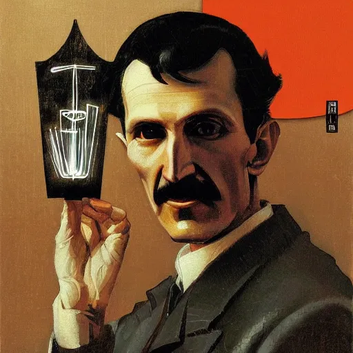 Image similar to portrait of nikola tesla holding wireless light, hanafuda oil on canvas by ivan shishkin, james jean and yoji shinkawa