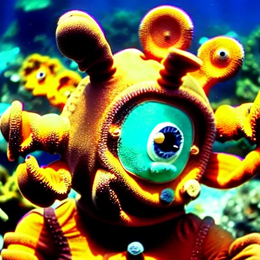 Image similar to rusted barnacle covered teletubby at the bottom of the ocean