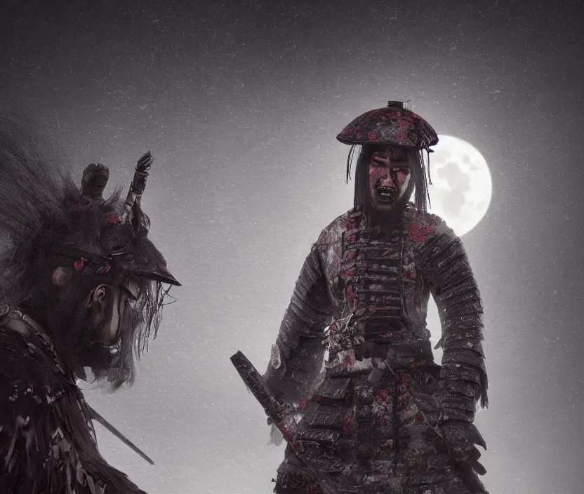 Image similar to 'a samurai! haunted by souls and ghosts with a big full moon on background , gloomy and foggy atmosphere, octane render, artstation trending, highly detailded'